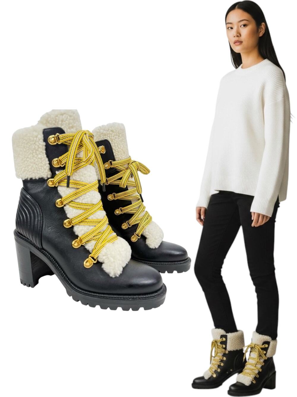 Christian Louboutin Yetita Shearling Leather Hiking Boots Black Size 36.5